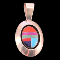 Navajo Willie Saiz Inlaid Multi-Stone Sterling Large Oval Pendant