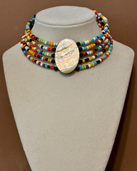 Artisan Beaded Choker Necklace Mother of Pearl Shell Wood Pendant Bohemian Retro