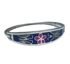 Mexico Alpaca Silver Hinged Bracelet Abalone Inlay Flower Butterfly Pink Purple
