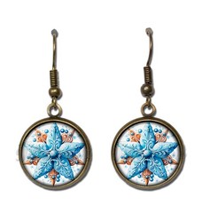 Lovely Blue Brown Snowflake – Handmade Round Resin Dangling Earrings 16mm
