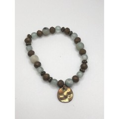 Handmade Boho Beaded Stretch Bracelet Brown Blue Stone Bronze Round Charm 6.75in