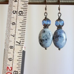 Artisan Blue Mottled Stone Crystal Glass Drop Earrings Silver Tone Fishhook G7