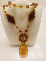 Handcrafted Glass Beaded Pendant Necklace Brown Gold Teardrop Charm Statement