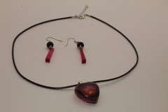 Sparkly Pink And Black Heart Shaped Cabochon On A Cord With Earrings