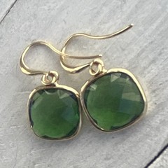 Min Favorit Bezel Set Square Green Crystal & Gold Pl Artisan Drop Earrings
