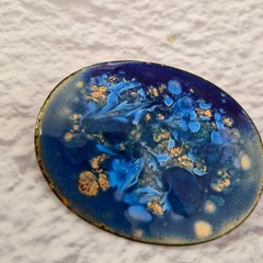 Artisan Blue Gold Enamel on Copper Abstract Oval Brooch Pin Handcrafted Vintage