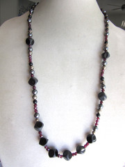 Vintage benchmade silver, faceted garnet, Onyx and hematite beaded necklace