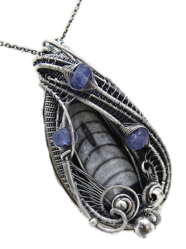 Orthoceras Fossil Wire-Wrapped Pendant in Sterling Silver with Tanzanite