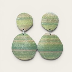Polymer Clay Large Dangle Earrings Green Gold Bronze Stripe Handmade SS Posts