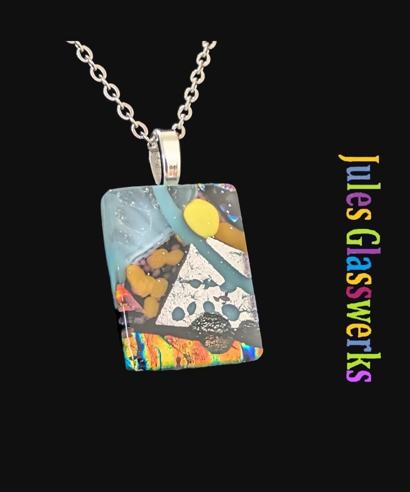 Hand Crafted Dichroic Fused Glass Pendant Necklace W/ Chain #1325