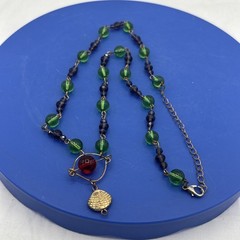 Vintage Green Purple Glass Bead Shell Pendant Necklace Handmade Artisan 20”