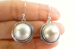 White Mabe Pearl Scroll Design Edge 925 Sterling Silver Dangle Drop Earrings
