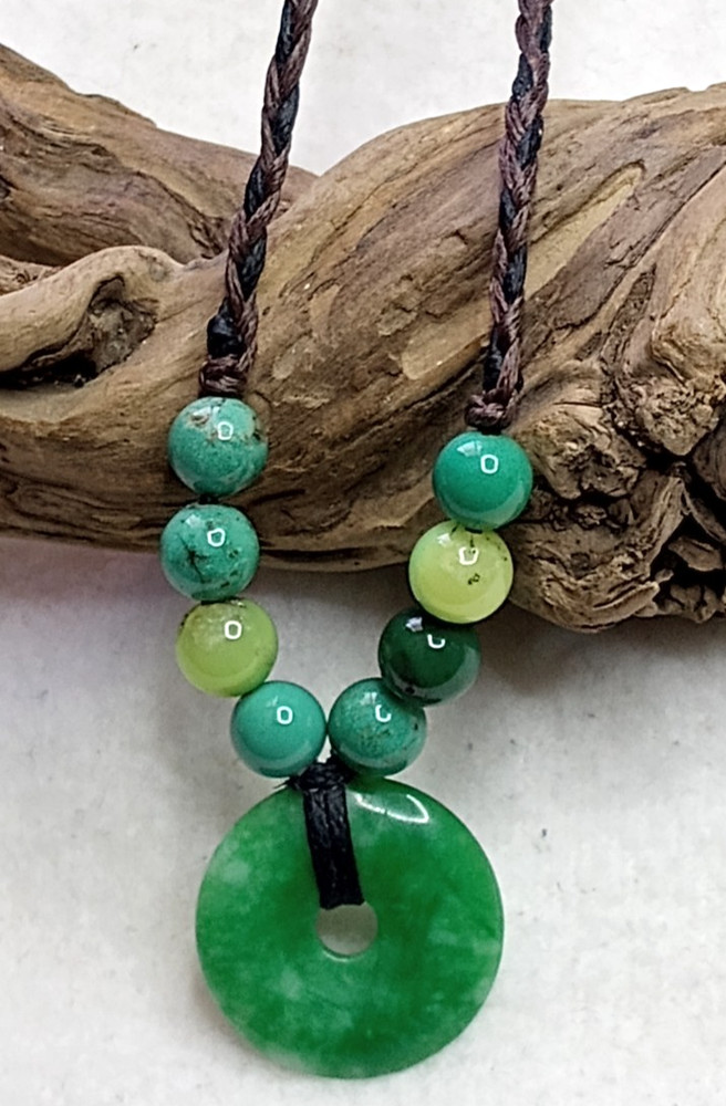 Nephrite Jade hand braided and adjustable Necklace with Chrysoprase beads.