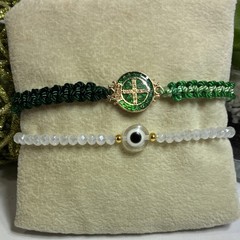 PULSERA SAN BENITO VERDE AJUSTABLE Y OJO TURCO BLANCO CON CUENTAS