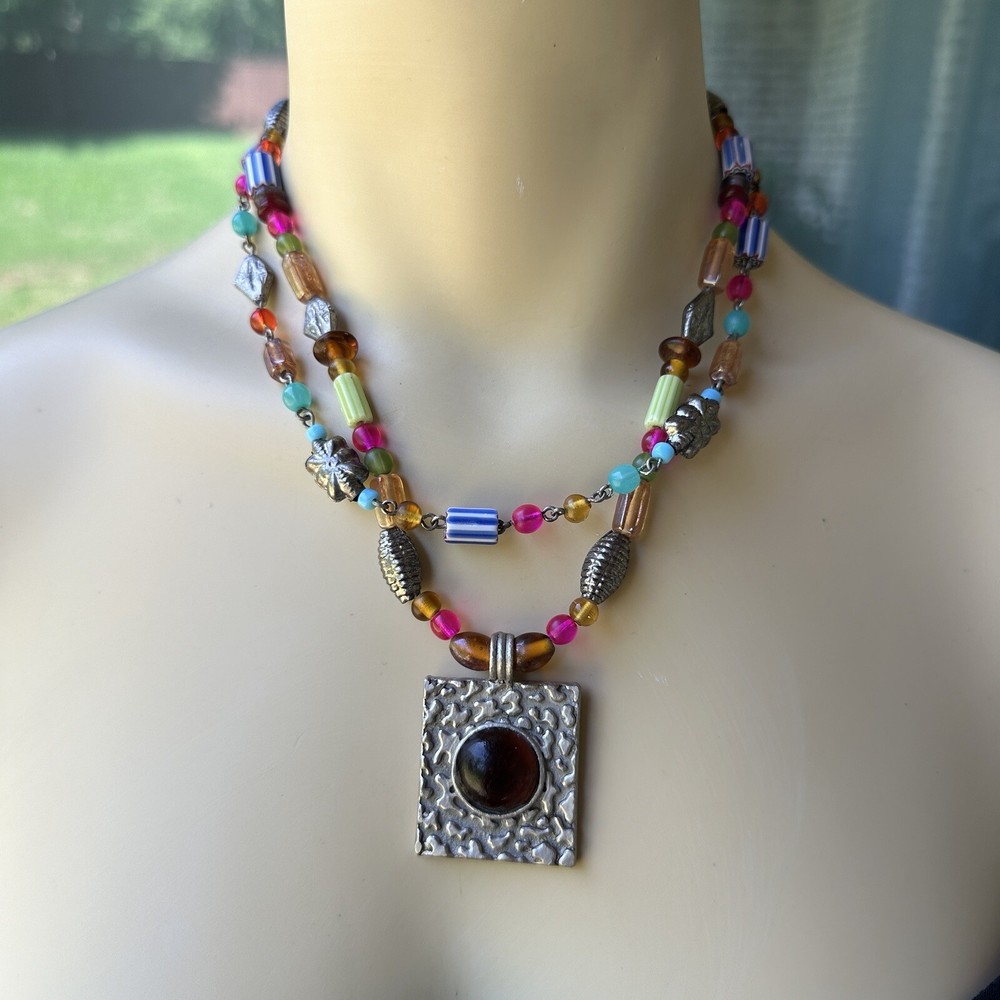 VTG Pendant Necklace 17″ Beaded Art Glass Multicolor Double Strand Adjustable