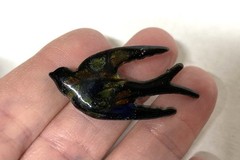 DOVE Pin Brooch- Enamel on Copper Signed INGA-BLACK/YELLOW/ORANGE Enamel