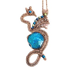 Blue Glass Hematite Dragon Pendant Copper Wire Wrap Handmade Fantasy Gift