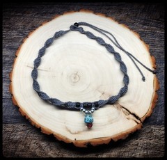 Gray Hemp Necklace, Fimo and Glass Mushroom & Black & Silver Glass Beads