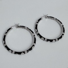 Lauren G Adams Large Enamel Hoop Earrings Black CZ’s Silver Tone Metal Pierced