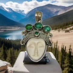 Carved Goddess Face Sajen Type Design Green Quartz Sterling Pendant As Is