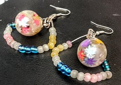 Handcrafted Silver Beaded Dangle Earrings w/ White Healing Rocks N Weed Leaves