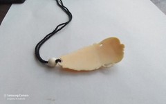 Hand carved curved Bovine rose amulet pendant w/bead, 2.5″×1.25″, detailed work