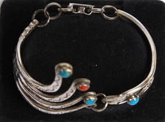 Vintage Southwestern Hand Crafted Fork Link Bracelet w/Turquoise & Coral Accents