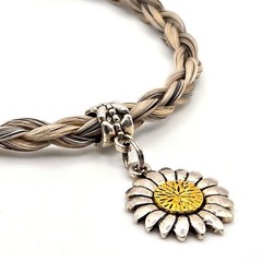 Braided Horsehair Bracelet Sunflower Charm Adjustable Leather Toggle Two-Tone