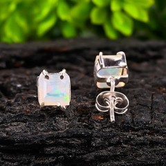 Natural Opal Silver Stud Earrings, Rectangular Cut Gemstone Earrings,