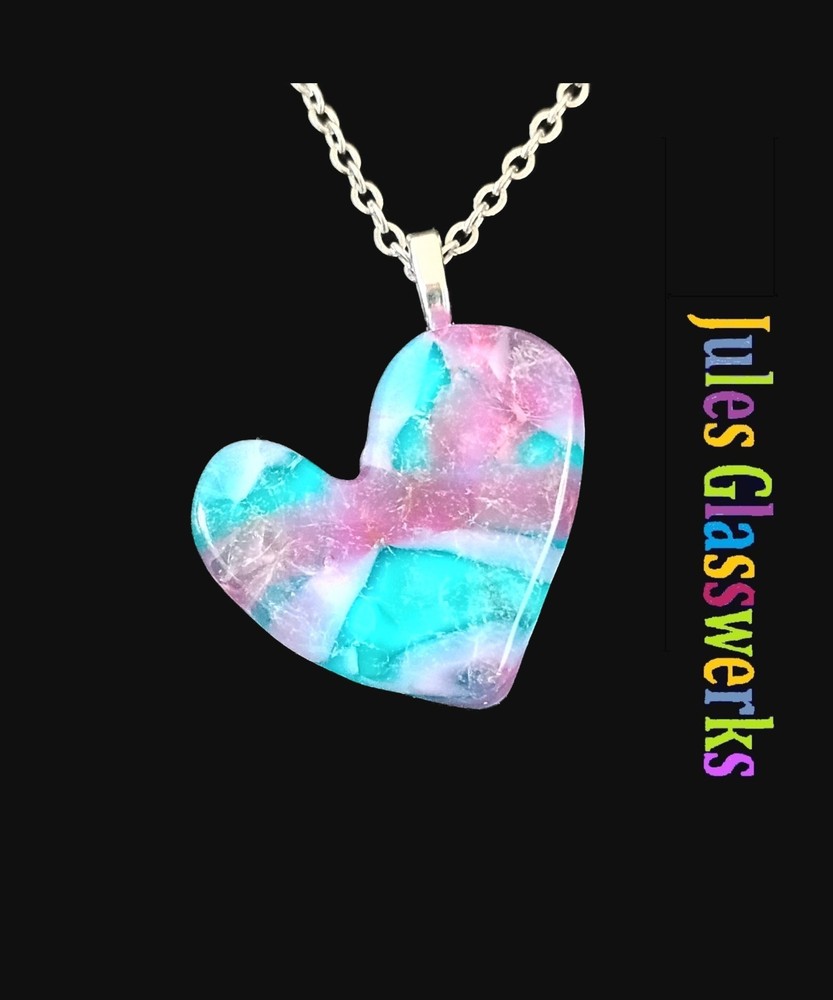 Small Hand Crafted Fused Glass Heart Pendant Necklace W/ Chain #1868