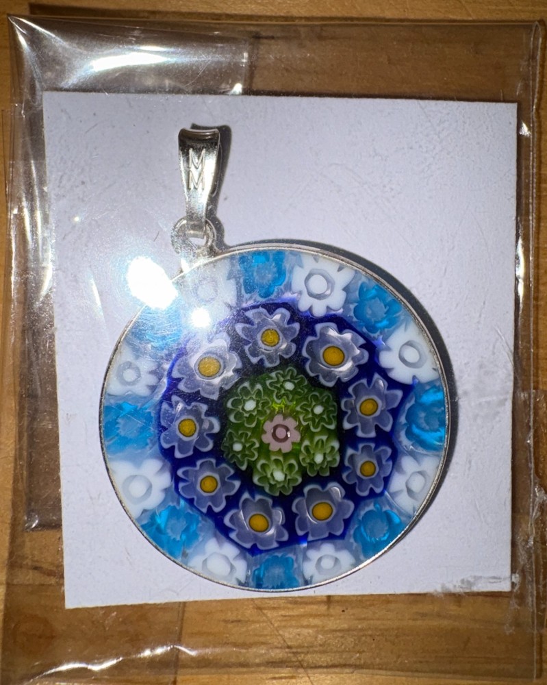 Venetian Murano Millefiori 1 1/16″ (27mm) Pendant in .925 Sterling Silver Frame
