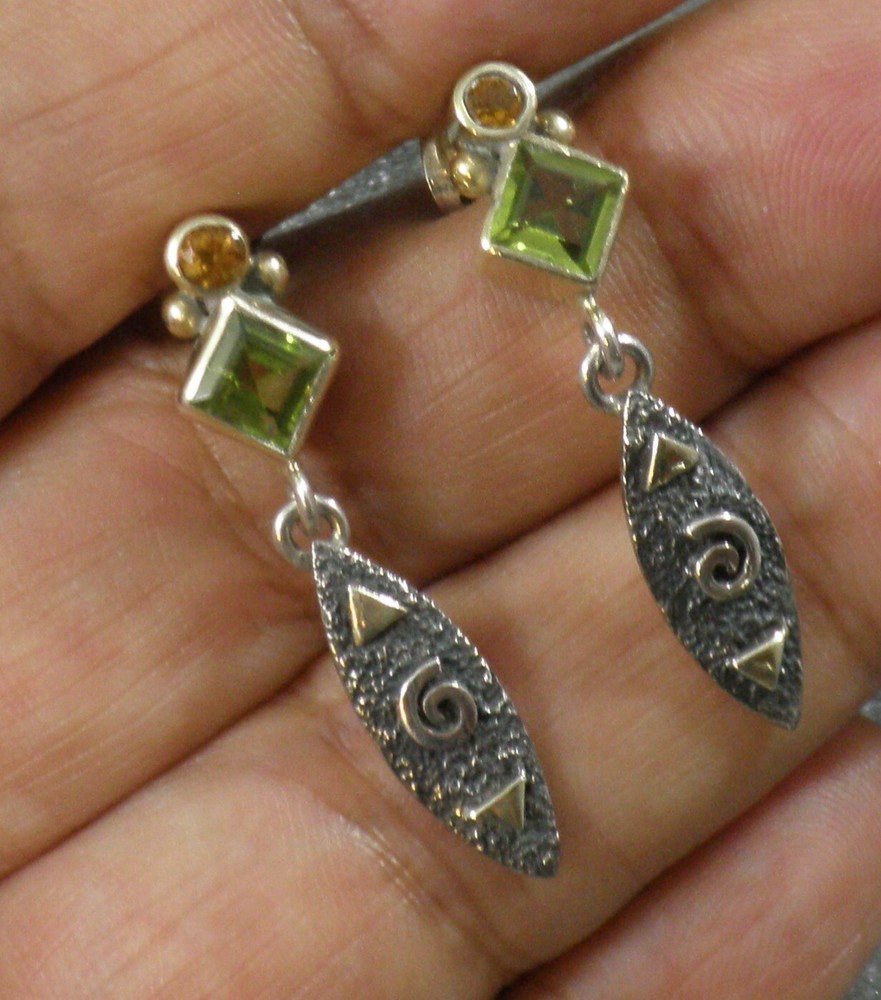 .925 Sterling Silver 22K Gold Faceted Citrine Round Peridot Diamond Earrings