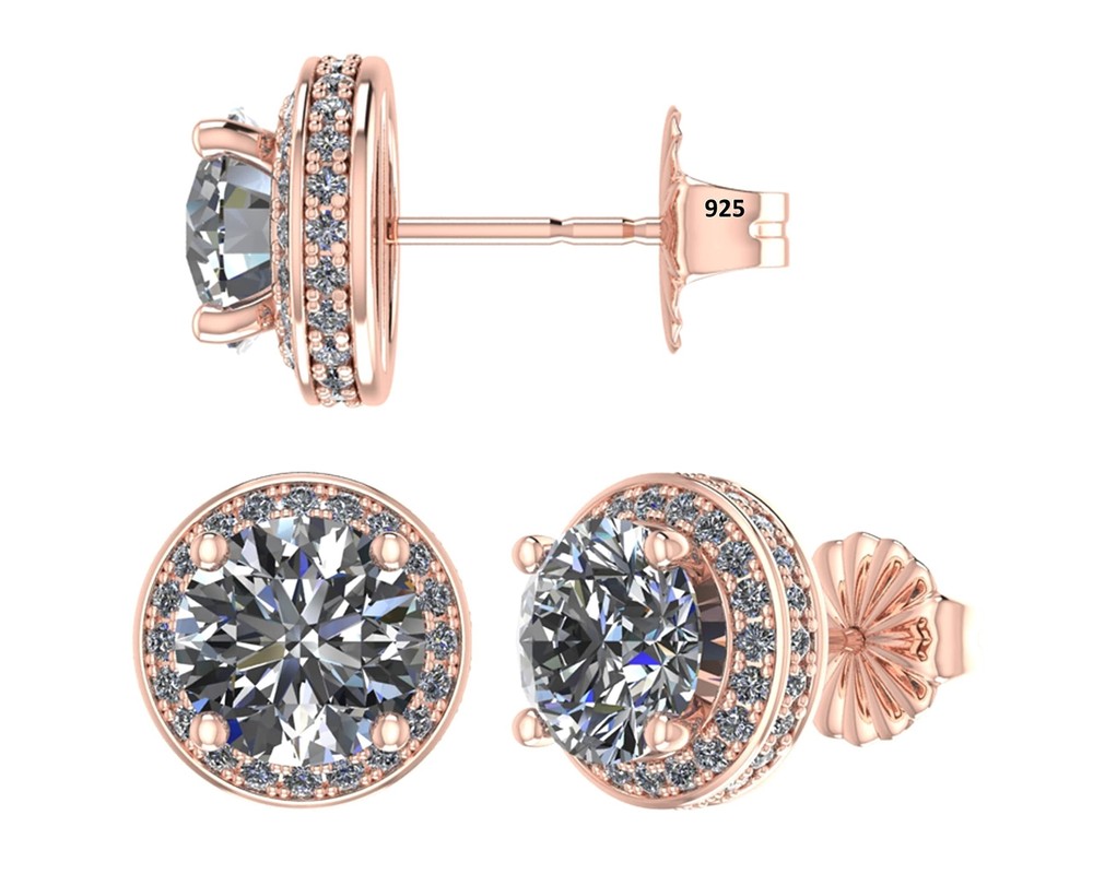 Rose Gold Plated Sterling Silver Round Halo Stud Earrings With 4.5 CTTW Zirconia