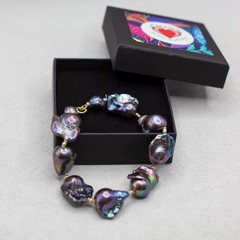 Black Baroque Pearl Bracelet, Handknotted 925 Sterling Silver Gold Plated