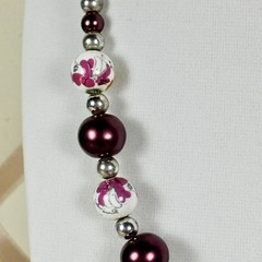 Vintage Artisan Handmade Painted Rose Bead Necklace Purple Toggle Clasp 18in A29