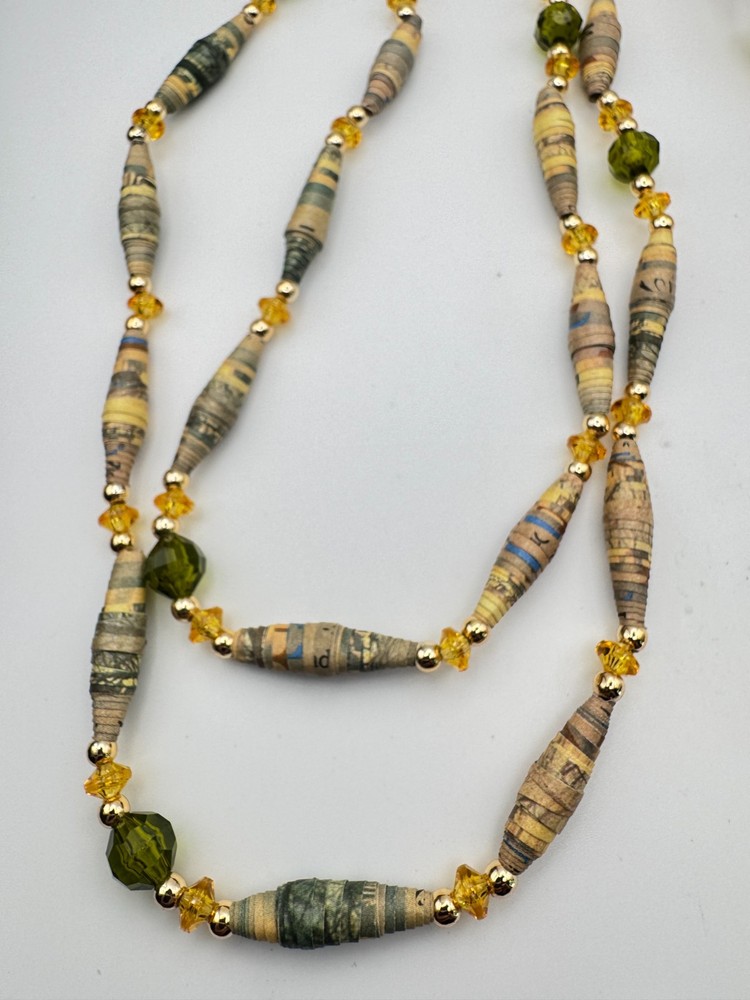 Vintage Paper Bead Necklace Crystal Green Earth Tone Extra Long Boho 48″