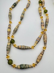 Vintage Paper Bead Necklace Crystal Green Earth Tone Extra Long Boho 48″