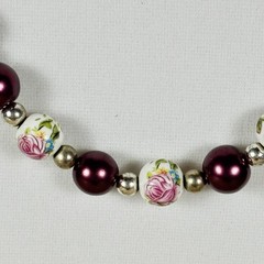 Vintage Artisan Handmade Painted Rose Bead Necklace Purple Toggle Clasp 18in A29