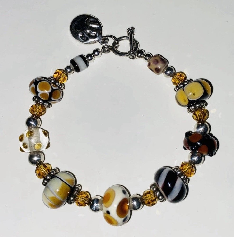 Animal Print Murano Glass And 925 Sterling Silver Bracelet With Toggle Clasp 8”