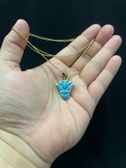 Turquoise Lotus Brass Necklace Egyptian Flower Pendant Minimal Gift