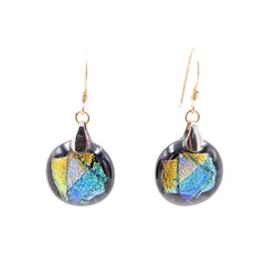 14K Yellow Gold Filled Dichroic Art Glass Dangle Earrings 1 1/2 Inch Artisan Dro