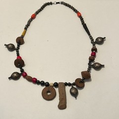 Vtg Handmade Boho Beaded Statement Necklace Carved Stone & Silvertone Beads OOAK