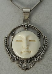 Bali Carved Moon Face Sajen Style Sterling Balinese Sq. Bar Link Chain Necklace