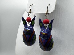 Painted Wood Cat Alebrije Style Dangle Earrings Blue Folk Art Boho Figurine