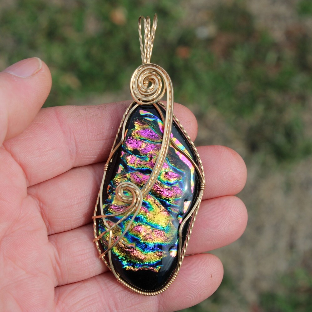 Large Dichroic Glass Pendant 14K Gold Filled Wire-Wrapped Iridescent Multi Color