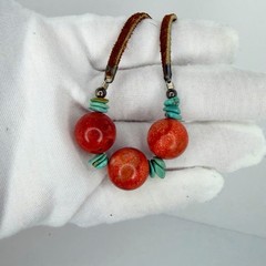 Chunky Orange Coral Turquoise Beads Necklace Southwestern Boho Leather Tie VTG