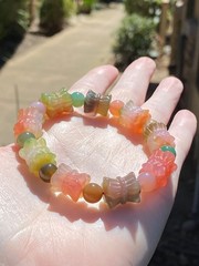 Natural Double Lotus Agate Bracelet Carved Floral Gemstone Stretch 6.5″