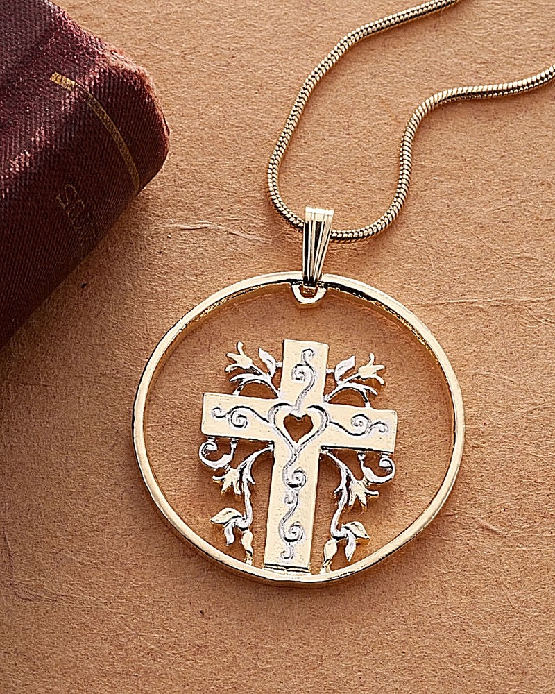 Religious Cross Pendant and Necklace, Cross Hand Cut,1 1/4″ in Dia., ( # 875 )