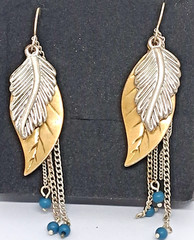Drop Dangles Gold and Silver Tone Layered Leaves With Blue Bead Chain Earrings