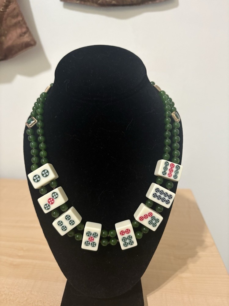 Double Stranded Eight Mini Mahjong Tile Necklace With Jade Beads Handmade